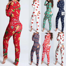 Load image into Gallery viewer, Sexy Pajama for Women Christmas Pajamas New Year Jumpsuit Sleepwear Button-down Front Back Butt Bum Open Ass Flap Jumpsuit Xmas Print Loungewear

