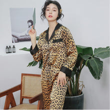 Load image into Gallery viewer, Leopard Print Sexy Long Sleeve Pajamas Woman Imitate Real Silk Sleepwear
