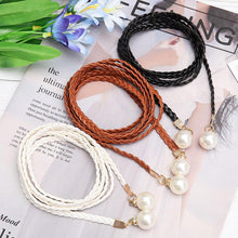 Load image into Gallery viewer, Fashion Woven Leather Dice Dress Imitation Pearl Thin Belt
