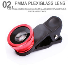 Load image into Gallery viewer, 3in1 Fisheye Wide Angle Micro Camera Lens for iPhone Xiaomi Redmi 3IN1 Zoom Fish Eye Len on Smartphone Lenses with Phone Clip
