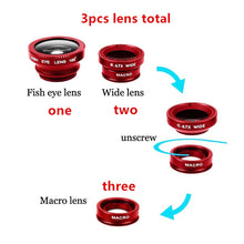 Load image into Gallery viewer, 3in1 Fisheye Wide Angle Micro Camera Lens for iPhone Xiaomi Redmi 3IN1 Zoom Fish Eye Len on Smartphone Lenses with Phone Clip
