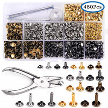Load image into Gallery viewer, 480 Pcs Metal Double Cap Rivets Studs Round Rivet for DIY Leather Craft Bag Belt Clothing Garment Shoes Pet Collar Fixing Tools
