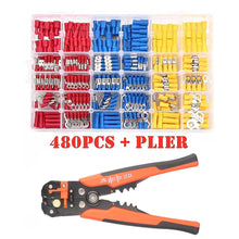 Load image into Gallery viewer, 480pcs Assorted Spade Terminals Insulated Cable Connector Electrical Wire Crimp Butt Ring Fork Set Ring Lugs Rolled Kit+Plier
