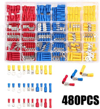 Load image into Gallery viewer, 480pcs Assorted Spade Terminals Insulated Cable Connector Electrical Wire Crimp Butt Ring Fork Set Ring Lugs Rolled Kit+Plier
