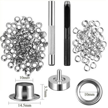Load image into Gallery viewer, 4mm-20mm 100PCS Silver Eyelet and Eyelet Punch Die Tool Set Metal Button for DIY Leather Craft Clothing Shoes Belt Bag Grommet
