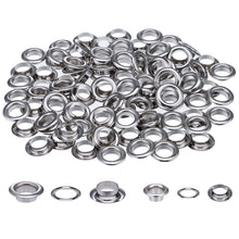 Load image into Gallery viewer, 4mm-20mm 100PCS Silver Eyelet and Eyelet Punch Die Tool Set Metal Button for DIY Leather Craft Clothing Shoes Belt Bag Grommet
