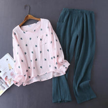 Load image into Gallery viewer, New Japanese Style Spring and Autumn Ladies Cotton Crepe Cloth Long-sleeved Trousers Pajamas Cactus Comfortable Home Service
