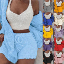 Load image into Gallery viewer, Women's Winter Plush Fluff Sleepwear Casual 3 Piece Sets Pajamas Set Long Sleeve Coat V-neck Vest Shorts Pants Suit
