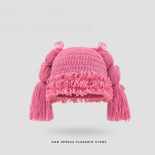 Load image into Gallery viewer, Japanese two-dimensional cute double braids pink wool hat female autumn and winter warm sweet soft sister wig knitted hat

