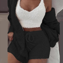 Load image into Gallery viewer, Women's Winter Plush Fluff Sleepwear Casual 3 Piece Sets Pajamas Set Long Sleeve Coat V-neck Vest Shorts Pants Suit
