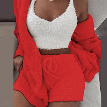 Load image into Gallery viewer, Women's Winter Plush Fluff Sleepwear Casual 3 Piece Sets Pajamas Set Long Sleeve Coat V-neck Vest Shorts Pants Suit
