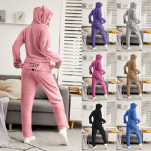 Load image into Gallery viewer, Nightgowns Solid Color Warm Pajamas Set Long Sleeve Tops+ Pant Two Piece Cute Cat Print Hooded Sleeping Pajamas Hoodie

