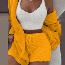 Load image into Gallery viewer, Women's Winter Plush Fluff Sleepwear Casual 3 Piece Sets Pajamas Set Long Sleeve Coat V-neck Vest Shorts Pants Suit
