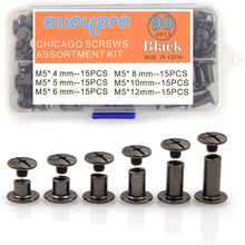 Load image into Gallery viewer, 90Sets Chicago Screws Kit, 6 Sizes of Round Flat Head Leather Rivets Metal Screw Studs for DIY Leather Craft and Bookbinding
