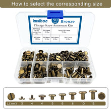 Load image into Gallery viewer, 90Sets Chicago Screws Kit, 6 Sizes of Round Flat Head Leather Rivets Metal Screw Studs for DIY Leather Craft and Bookbinding
