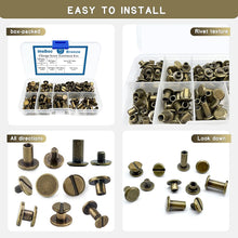 Load image into Gallery viewer, 90Sets Chicago Screws Kit, 6 Sizes of Round Flat Head Leather Rivets Metal Screw Studs for DIY Leather Craft and Bookbinding
