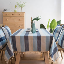 Load image into Gallery viewer, Striped Tassel Tablecloth Blue Fabric Rectangular Table Cloth
