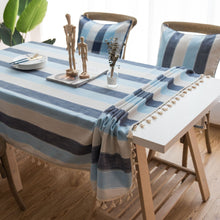 Load image into Gallery viewer, Striped Tassel Tablecloth Blue Fabric Rectangular Table Cloth
