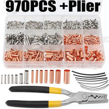 Load image into Gallery viewer, 970pcs Copper Connecting Pipe Wire Joint Small Copper Tube Terminal Cable Lug Bootlace Ferrule Kit With Heat Shrink Tube Plier
