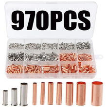 Load image into Gallery viewer, 970pcs Copper Connecting Pipe Wire Joint Small Copper Tube Terminal Cable Lug Bootlace Ferrule Kit With Heat Shrink Tube Plier
