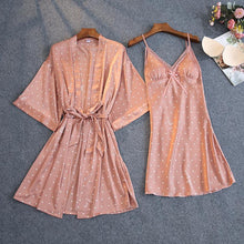 Load image into Gallery viewer, Satin Sexy Women Robe Set Pink Dot Print With Chest Pad Pajamas Pyjamas
