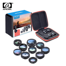 Load image into Gallery viewer, APEXEL Phone lens kit universal 10 in 1 Fisheye Wide Angle macro Lens CPL Filter Kaleidoscope+2X telescope Lens for smartphone

