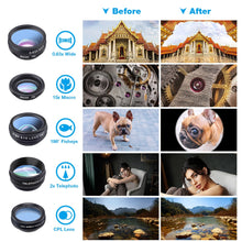 Load image into Gallery viewer, APEXEL Phone lens kit universal 10 in 1 Fisheye Wide Angle macro Lens CPL Filter Kaleidoscope+2X telescope Lens for smartphone
