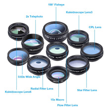 Load image into Gallery viewer, APEXEL Phone lens kit universal 10 in 1 Fisheye Wide Angle macro Lens CPL Filter Kaleidoscope+2X telescope Lens for smartphone

