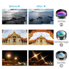 Load image into Gallery viewer, APEXEL Universal 6 in 1 Phone Camera Lens Kit Fish Eye Lens Wide Angle macro Lens CPL/StarND32 Filter for almost all smartphones
