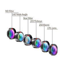 Load image into Gallery viewer, APEXEL Universal 6 in 1 Phone Camera Lens Kit Fish Eye Lens Wide Angle macro Lens CPL/StarND32 Filter for almost all smartphones

