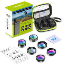 Load image into Gallery viewer, APEXEL Universal 6 in 1 Phone Camera Lens Kit Fish Eye Lens Wide Angle macro Lens CPL/StarND32 Filter for almost all smartphones
