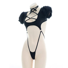 Load image into Gallery viewer, AniLV Anime Student Puff Sleeve Black One-piece Swimsuit Costume Cross Straps Bodysuit Swimwear Uniform Pool Party Cosplay
