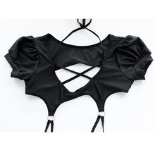 Load image into Gallery viewer, AniLV Anime Student Puff Sleeve Black One-piece Swimsuit Costume Cross Straps Bodysuit Swimwear Uniform Pool Party Cosplay
