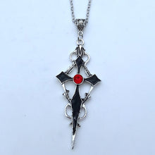 Load image into Gallery viewer, Black Pointed Cross Vampire Necklace, Gothic Jewelry, Statement Necklace, Dagger Cross Pendant, Gothic Gift, Goth Necklace
