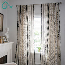 Load image into Gallery viewer, Boho Cotton Linen Curtain American Tassel Finished Black and White Printed Curtins for Living Room Bedroom Kitchen Home Textile
