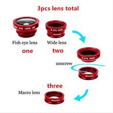 Load image into Gallery viewer, Fisheye Wide Angle Macro Acrylic/Glass Lens 3in1 Zoom Fish Eye Lens for Mobile Phone External Lens Camera with Phone Clip
