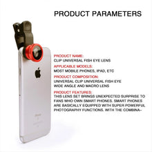 Load image into Gallery viewer, Fisheye Wide Angle Macro Acrylic/Glass Lens 3in1 Zoom Fish Eye Lens for Mobile Phone External Lens Camera with Phone Clip
