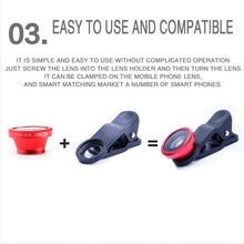 Load image into Gallery viewer, Fisheye Wide Angle Macro Acrylic/Glass Lens 3in1 Zoom Fish Eye Lens for Mobile Phone External Lens Camera with Phone Clip
