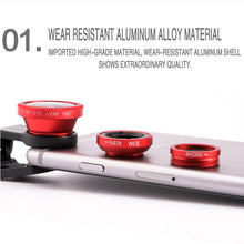 Load image into Gallery viewer, Fisheye Wide Angle Macro Acrylic/Glass Lens 3in1 Zoom Fish Eye Lens for Mobile Phone External Lens Camera with Phone Clip
