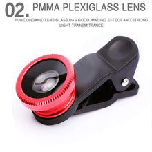 Load image into Gallery viewer, Fisheye Wide Angle Macro Acrylic/Glass Lens 3in1 Zoom Fish Eye Lens for Mobile Phone External Lens Camera with Phone Clip
