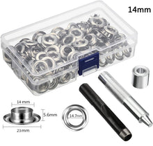 Load image into Gallery viewer, Grommet Tool Kit 100 Sets Grommets Eyelets 6mm 10mm 12mm 14mm Inside Diameter Silver for Clothes Shoes Bag Leather Crafts DIY
