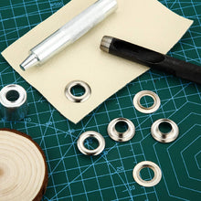 Load image into Gallery viewer, Grommet Tool Kit 100 Sets Grommets Eyelets 6mm 10mm 12mm 14mm Inside Diameter Silver for Clothes Shoes Bag Leather Crafts DIY
