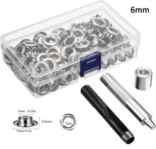 Load image into Gallery viewer, Grommet Tool Kit 100 Sets Grommets Eyelets 6mm 10mm 12mm 14mm Inside Diameter Silver for Clothes Shoes Bag Leather Crafts DIY
