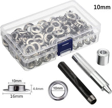 Load image into Gallery viewer, Grommet Tool Kit 100 Sets Grommets Eyelets 6mm 10mm 12mm 14mm Inside Diameter Silver for Clothes Shoes Bag Leather Crafts DIY
