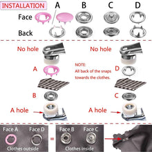 Load image into Gallery viewer, Grommets Snap Fasteners Kit 9.5mm 10 Colors Buttons Metal Press Studs Prong Ring Button for Children's  Clothing, Bib, Crafting
