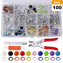 Load image into Gallery viewer, Grommets Snap Fasteners Kit 9.5mm 10 Colors Buttons Metal Press Studs Prong Ring Button for Children's  Clothing, Bib, Crafting
