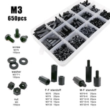 Load image into Gallery viewer, 445/650/850/1300pcs/set M2 M2.5 M3 M4 PCB Motherboard Black Plastic Nylon Hex Hexagon Spacer Column Standoff Screw Nut Kit Box
