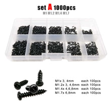 Load image into Gallery viewer, 700/2010pcs M1 M1.2 M1.4 M1.7 M2 M3 M4 Black Steel Mini Micro Cross Phillips Round Pan Head Self Tapping Wood Screw Set Kit Box
