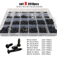 Load image into Gallery viewer, 700/2010pcs M1 M1.2 M1.4 M1.7 M2 M3 M4 Black Steel Mini Micro Cross Phillips Round Pan Head Self Tapping Wood Screw Set Kit Box
