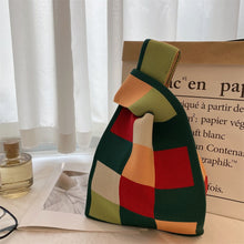 Load image into Gallery viewer, Handmade Knit Handbag Women Mini Knot Wrist Bag Japanese Casual Color Wide Stripe Plaid Tote Bag Student Reusable Shopping Bags
